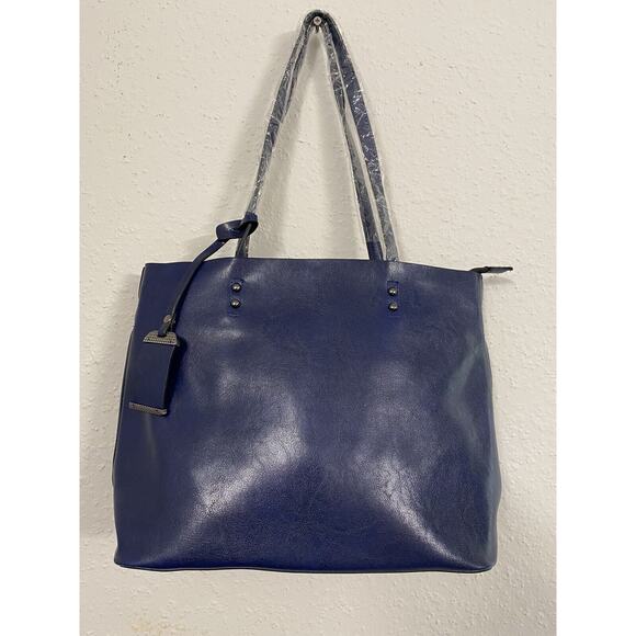Y2K Womens Blue Colored Tote Handbag Convertible Crossbody Silver Faux Leather - Picture 1 of 6